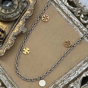 TORY BURCH Two-Tone Logo Charm Rosary Station Necklace